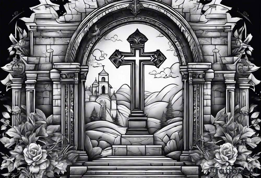Tomb with smoke and crosses tattoo idea