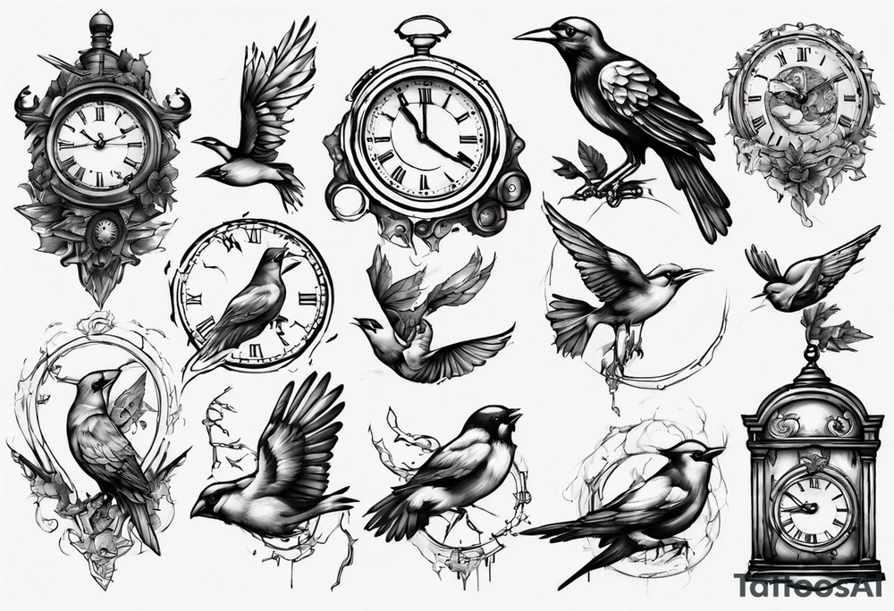 clock breaks into birds tattoo idea