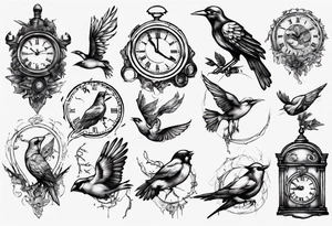 clock breaks into birds tattoo idea