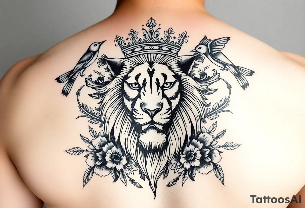 powerful majestic lion with a crown, surrounded by floral ornaments and birds tattoo idea