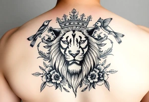 powerful majestic lion with a crown, surrounded by floral ornaments and birds tattoo idea