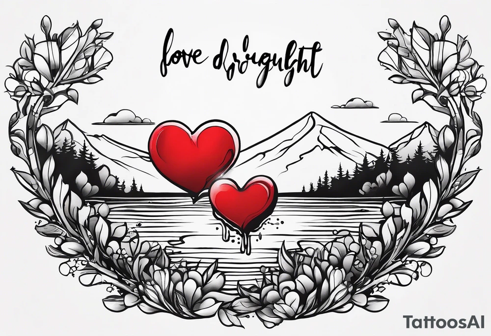 small simple tattoo with the words "love drought" with a melting heart underneath it tattoo idea