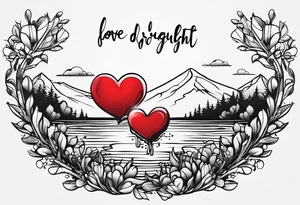 small simple tattoo with the words "love drought" with a melting heart underneath it tattoo idea