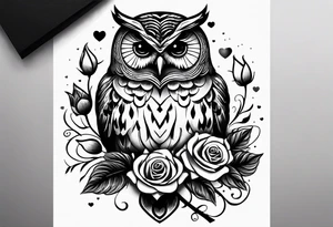Barred owl and a rose with writing “but the greatest of these is love” tattoo idea