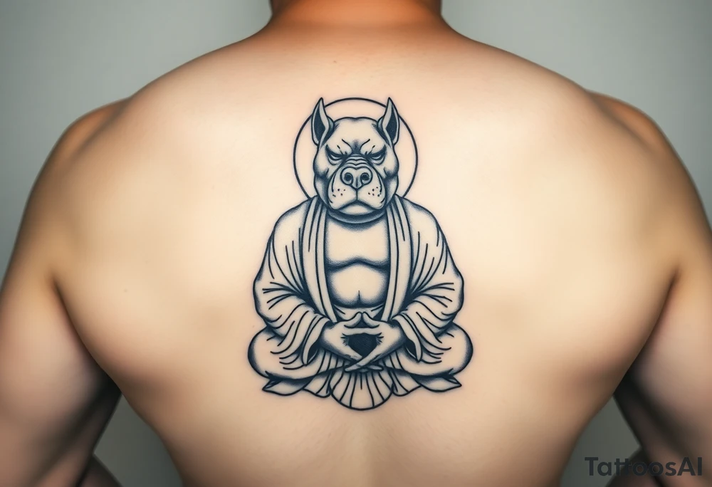 Meditating fat Buddha with pitbull head tattoo idea