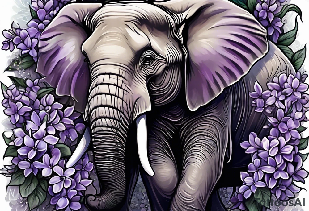 Elephant face covered in lilacs tattoo idea