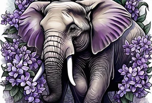 Elephant face covered in lilacs tattoo idea