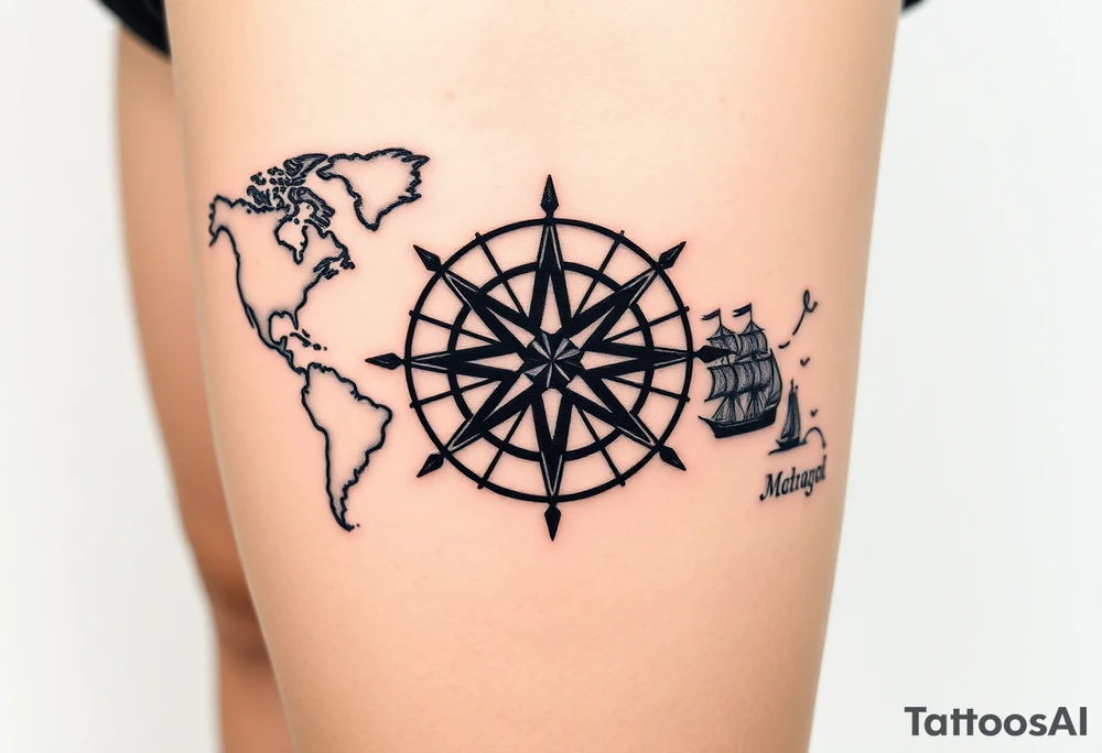 antique compass rose overlaid on weathered world map with sailing ships tattoo idea