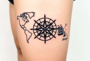 antique compass rose overlaid on weathered world map with sailing ships tattoo idea