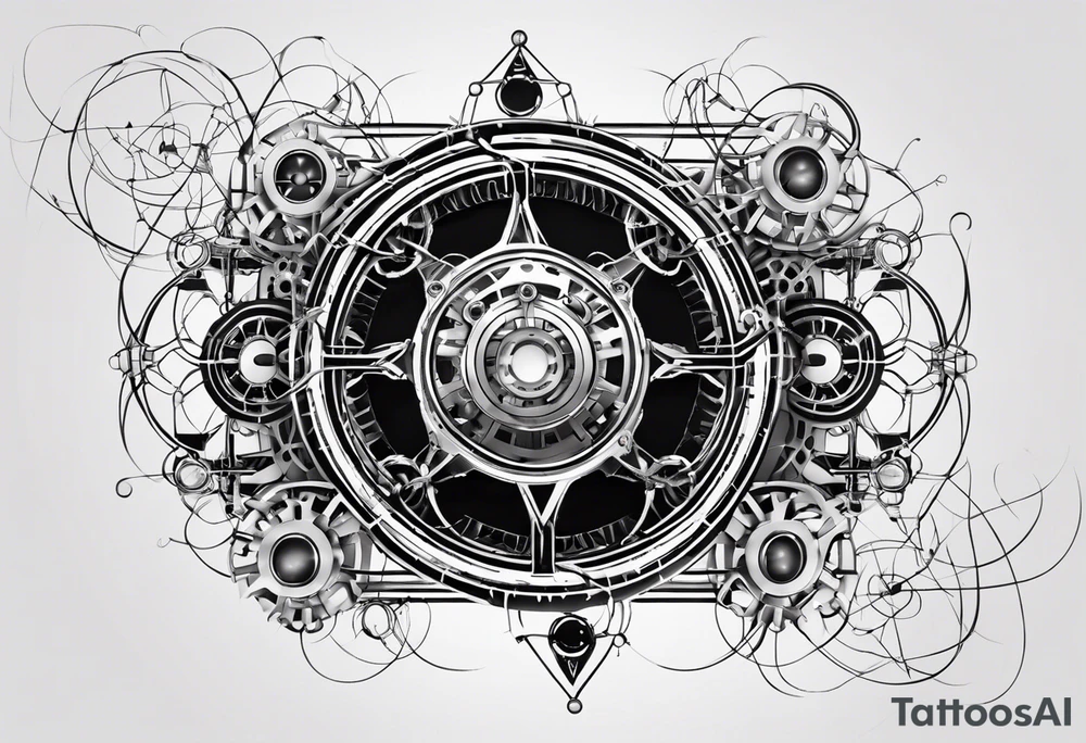 Design a tattoo that combines the elegant entanglement symbol from quantum mechanics with intricate robotic circuitry. The entanglement lines should intertwine seamlessly with the mechanical gears, symbolizing the fusion of cutting-edge technology and quantum physics tattoo idea