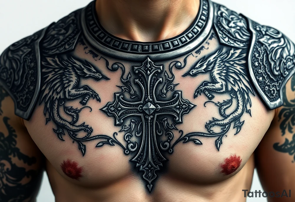 A close-up of an ornate Templar knight’s breastplate, with detailed engravings of dragons and templar cross tattoo idea