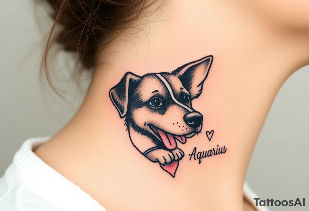 One line tattoo of female dog with white strip going up dog’s snout slightly off centered. With  toy and the dogs tongue slightly out and the name kiwi and an Aquarius them to it . Just the colors black  white brown with a small heart near by tattoo idea