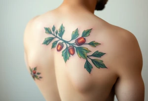 on the forearm an oak branch with thick leaves and acorns tattoo idea