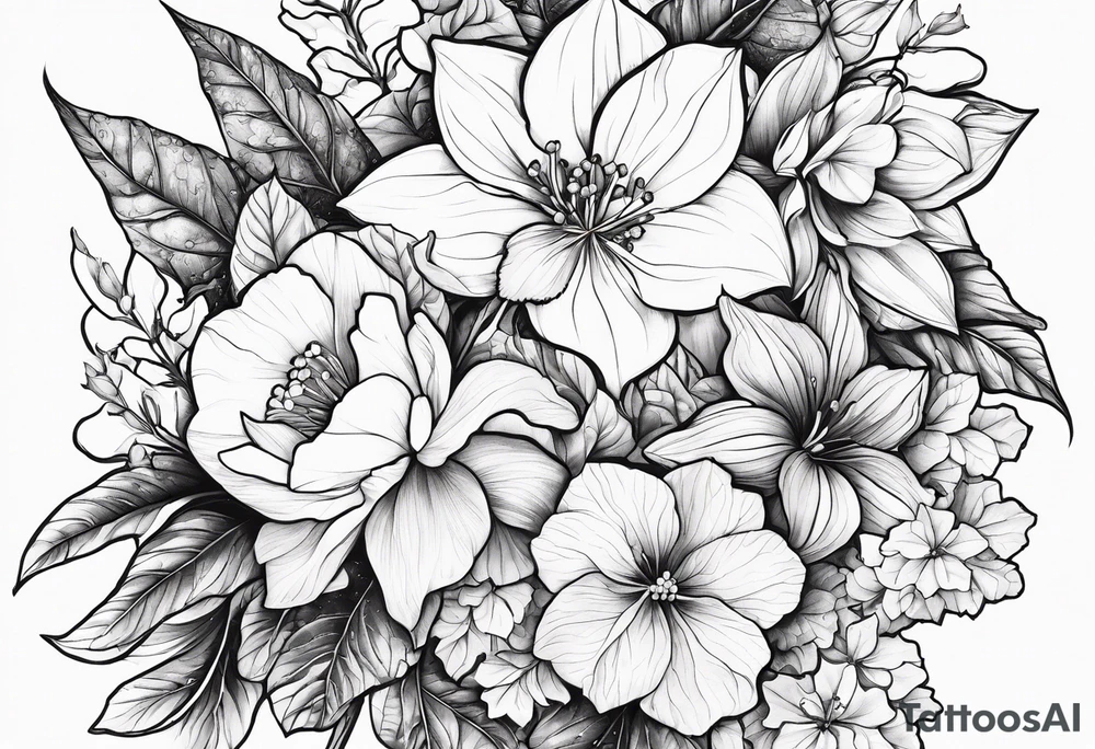 Hydrangea, Narcissus, Poinsettia, Holly, Gladiolus, Poppy, Daisy, Sweet Pea floral tattoo idea