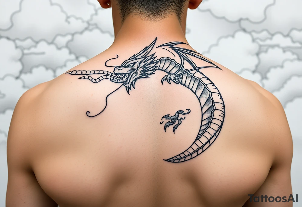 fierce dragon breathing iridescent fire against stormy skies tattoo idea