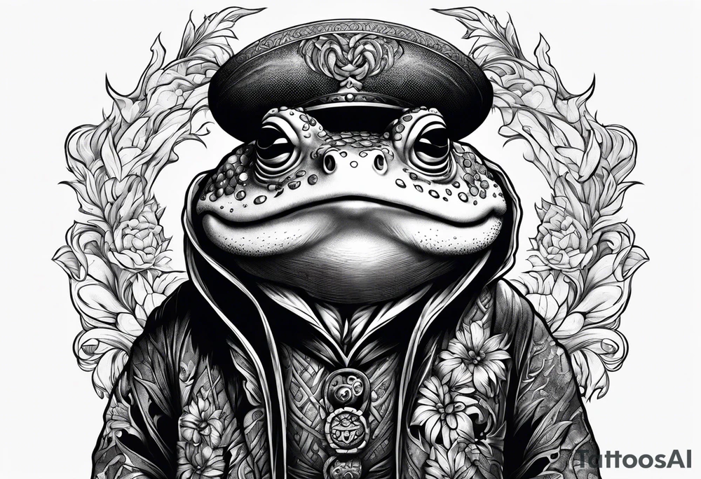 Toad man wearing a long fur coat tattoo idea