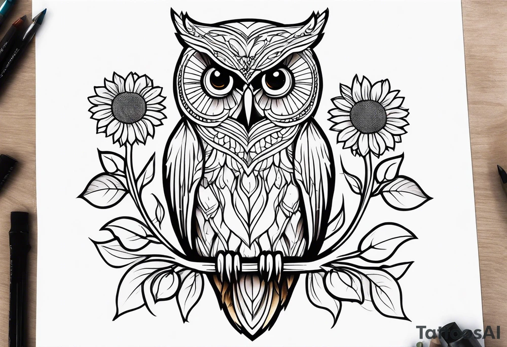 Owl with sunflowers leg sleeve tattoo idea