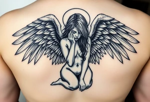 fallen angel Dante Mikha'el on her knees with great full wings, looking her darkened hand head down and her hair cover her half face tattoo idea