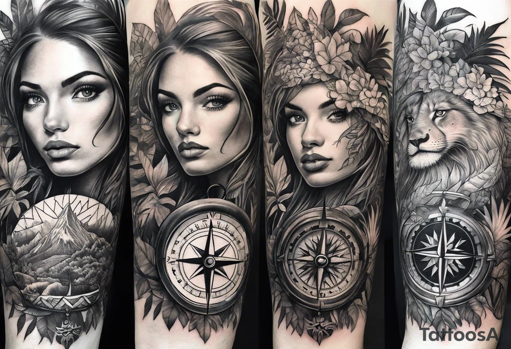 full sleeve tattoo, jungle plants, compass with eye inside compass tattoo idea
