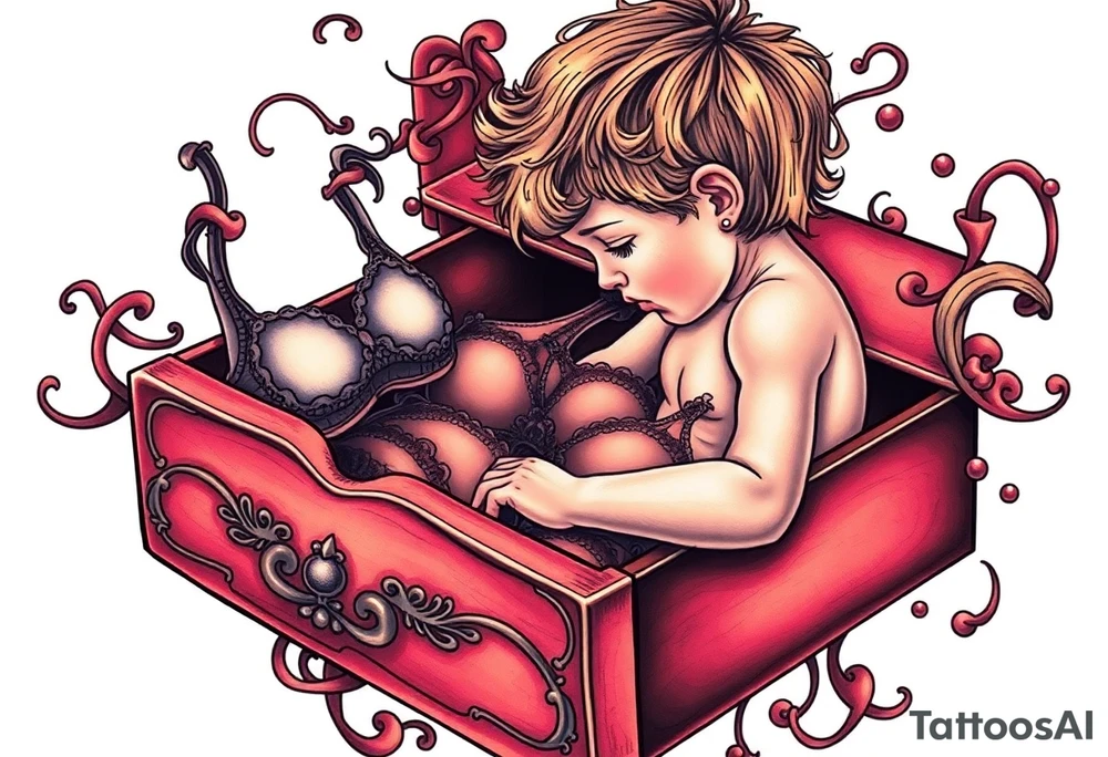 a little boy looking into his mothers drawer full of bras tattoo idea