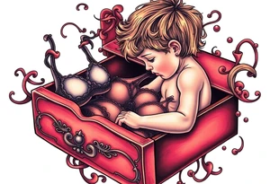 a little boy looking into his mothers drawer full of bras tattoo idea