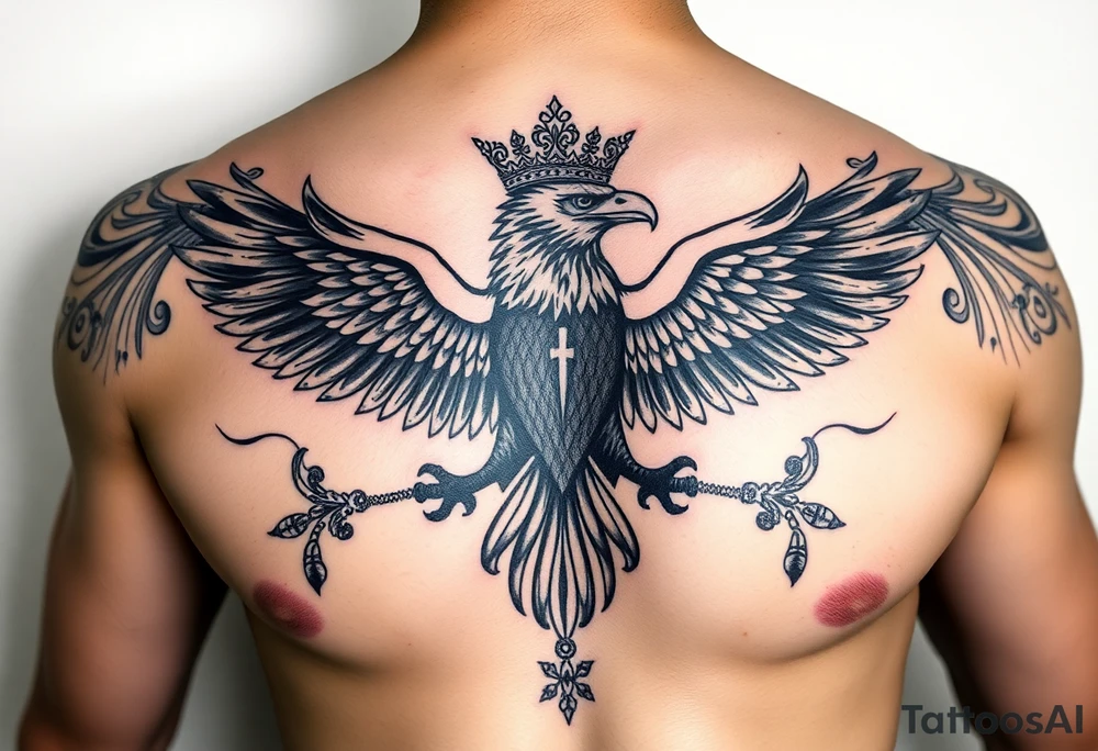 Chest tattoo,powerful two polish symetricals majestic darks eagle with crown, surrounded by lure ornaments tattoo idea
