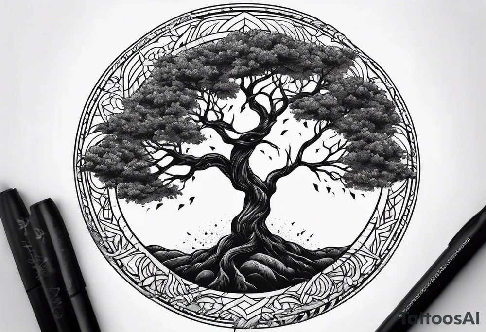 lightning striking a circle of life tree tattoo idea