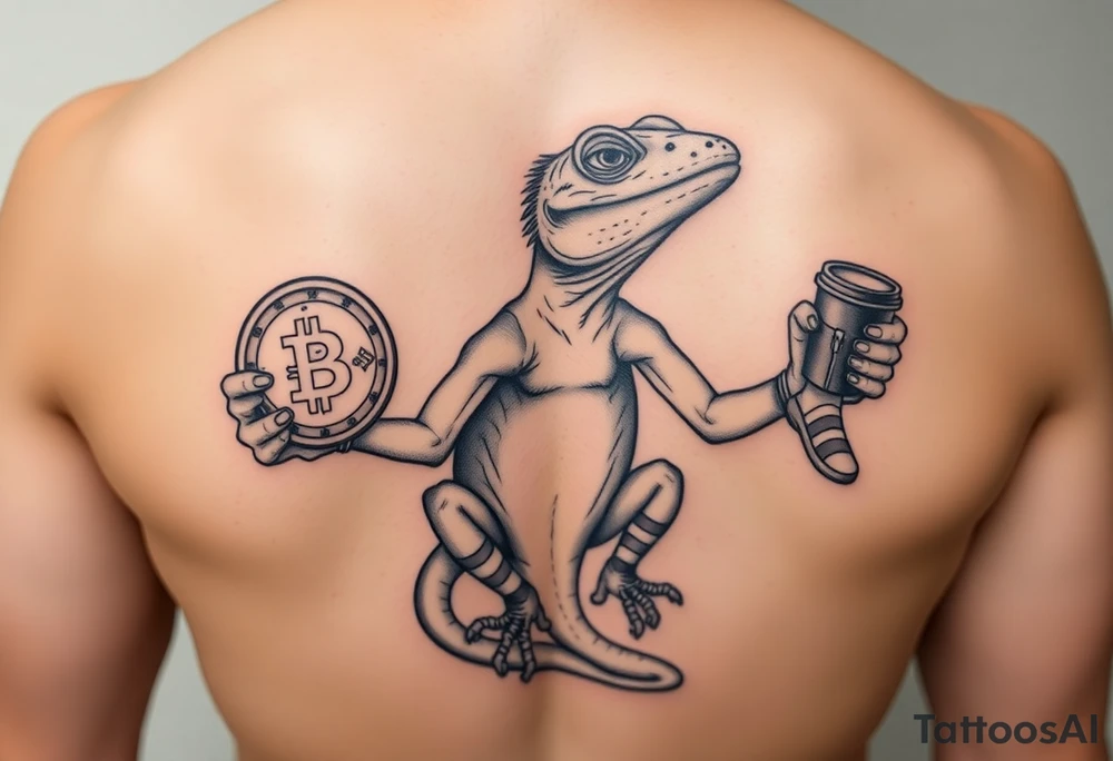 Powerful lizard holding a bitcoin in one hand and coffee in the other hand with socks and slides on tattoo idea
