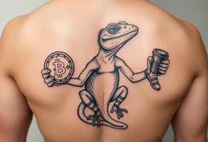 Powerful lizard holding a bitcoin in one hand and coffee in the other hand with socks and slides on tattoo idea