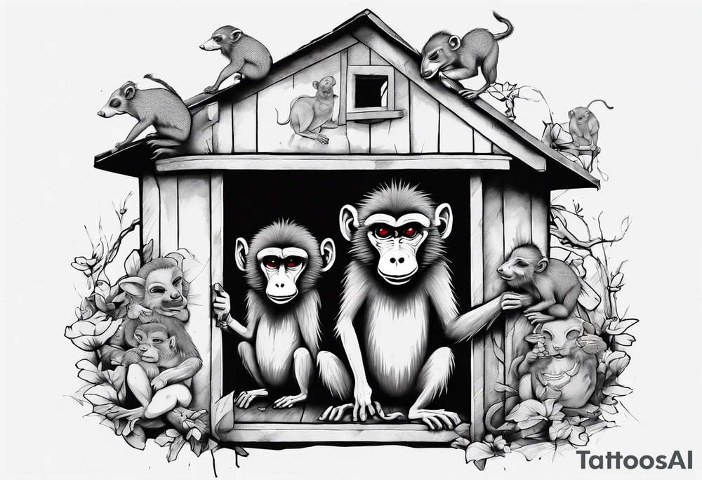 a baboon in a playhouse with mice tattoo idea