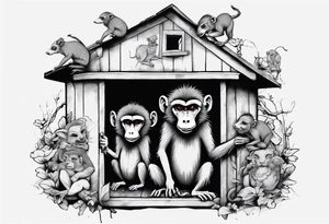 a baboon in a playhouse with mice tattoo idea