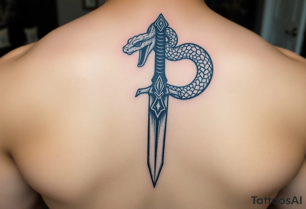 mystical snake coiled around an ancient dagger with jeweled hilt tattoo idea