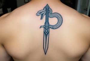 mystical snake coiled around an ancient dagger with jeweled hilt tattoo idea