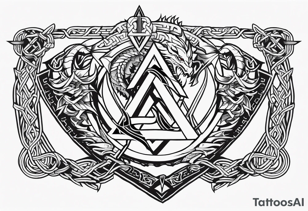 Valhalla sword shield dragon axe Valknut barbed wire chains tattoo idea Valhalla sword shield dragon axe Valknut barbed wire chains tattoo idea