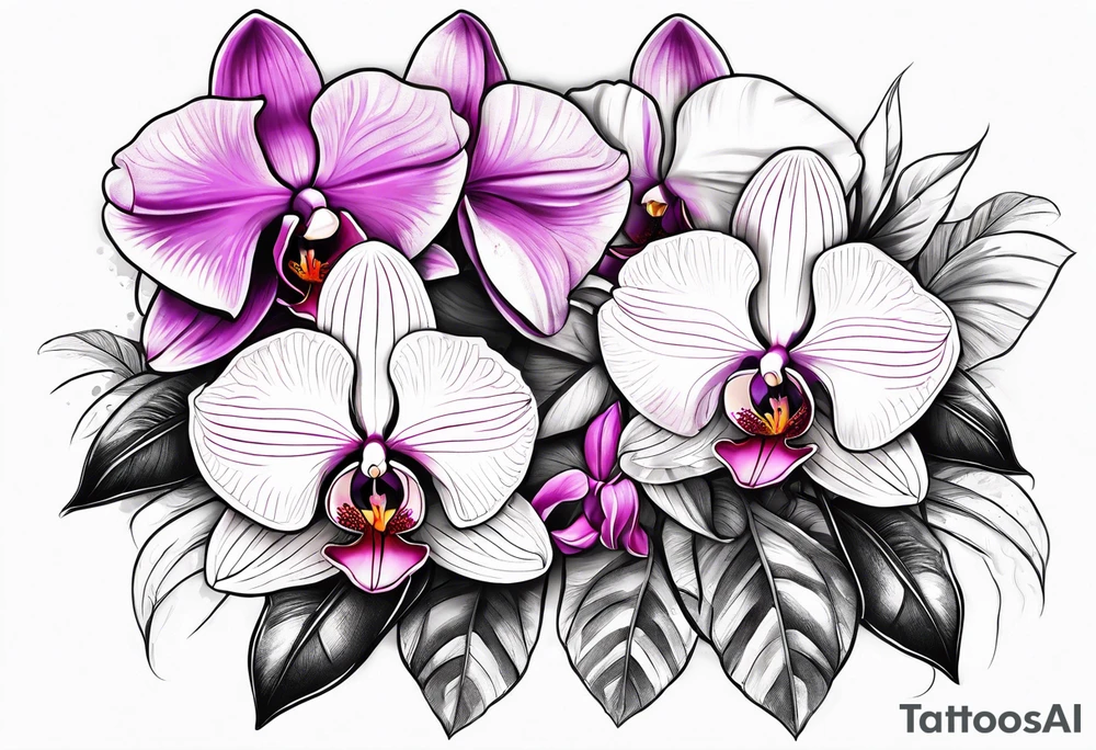 Orquídea e Bougainvillea e cachorro sentado de costas tattoo idea