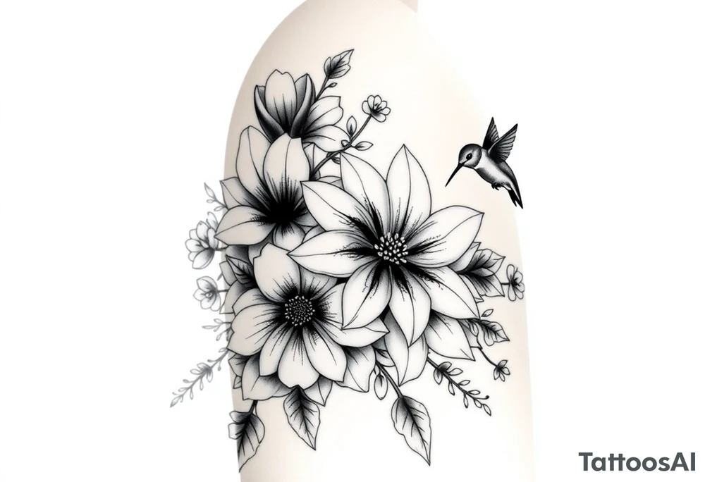 Can you create an image of a tattoo that will go on my upper arm including the following floral arrangement done very light handed and with soft lines- 1 large violet, 1 large carnation, 1 large lily of the valley, 1 large narcicuss, 1 medium carnation, 1 medium violet, 1 small dafodil, 2 small water lillies, and 1 small chrysanthemum. Add a small hummingbird drinking out of the large narcicuss. I want it on my upper right arm on the outside but slightly wrapping around the outer arm. I would like some greenery to fill in spaces as well. Make it large enough to fill my upper arm. I want the flowers to have dramatic and realistic shading. Make the tattoo more vertical than horizontal and put it on a female's arm with medium tan skin. tattoo idea