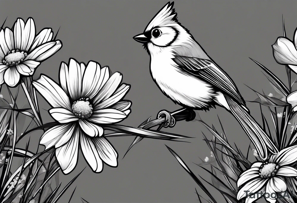 tufted titmouse perched in grass with a daisy tattoo idea tufted titmouse perched in grass with a daisy tattoo idea