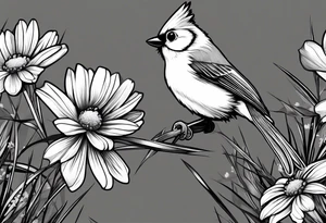 tufted titmouse perched in grass with a daisy tattoo idea