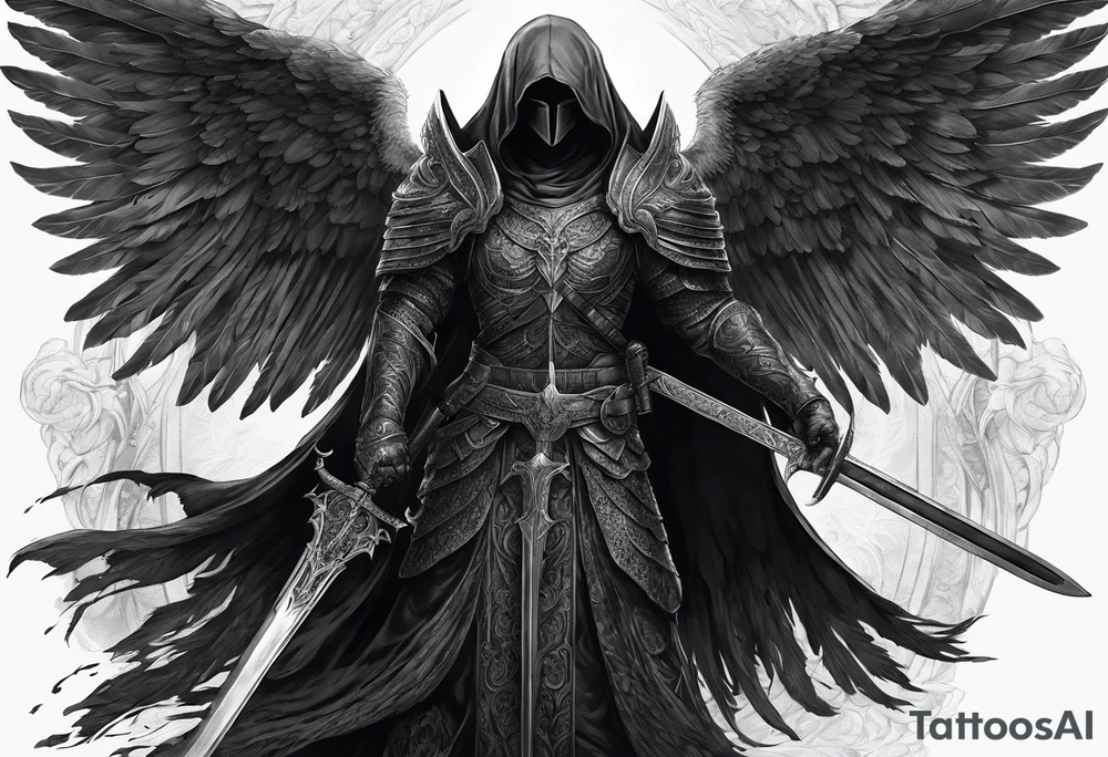 realistic full body of black angel of death, no face, face is not visible, with wings holding one sword in both hands, the sword is held edge toward the ground tattoo idea