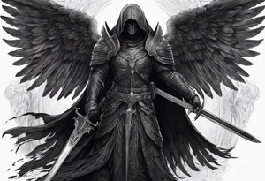 realistic full body of black angel of death, no face, face is not visible, with wings holding one sword in both hands, the sword is held edge toward the ground tattoo idea