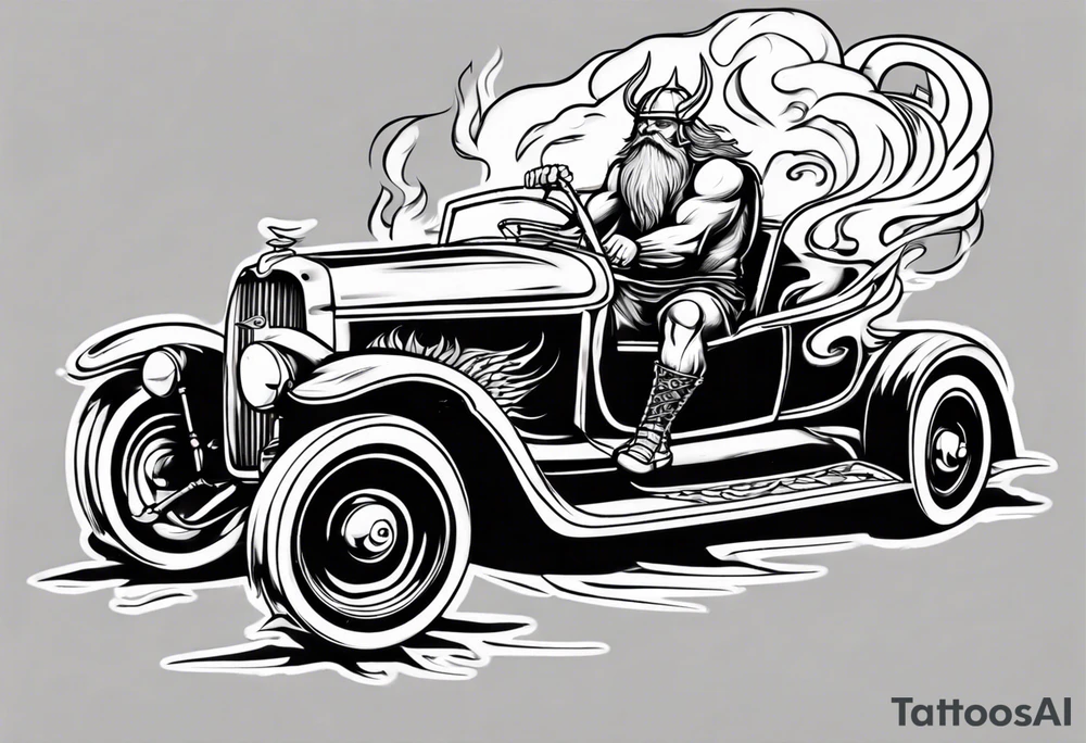 Viking riding an old vintage classic car with flames tattoo idea