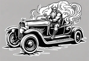 Viking riding an old vintage classic car with flames tattoo idea