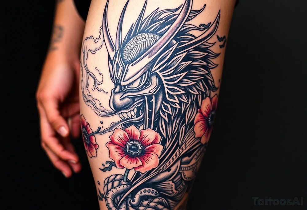 Ronin to cover the entire thigh with smoke coming out of its mouth with 11b tattooed under its left eye with 1 poppy on each side of the ronin tattoo idea