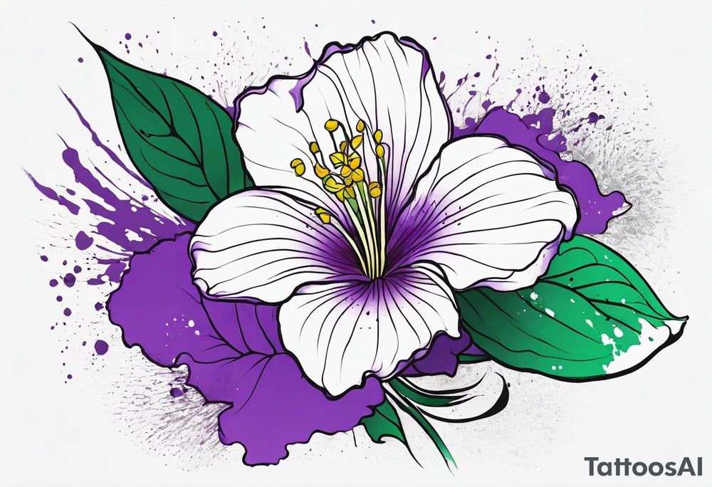 An outline of a rio dipladenia flower with a splatter green and purple background tattoo idea