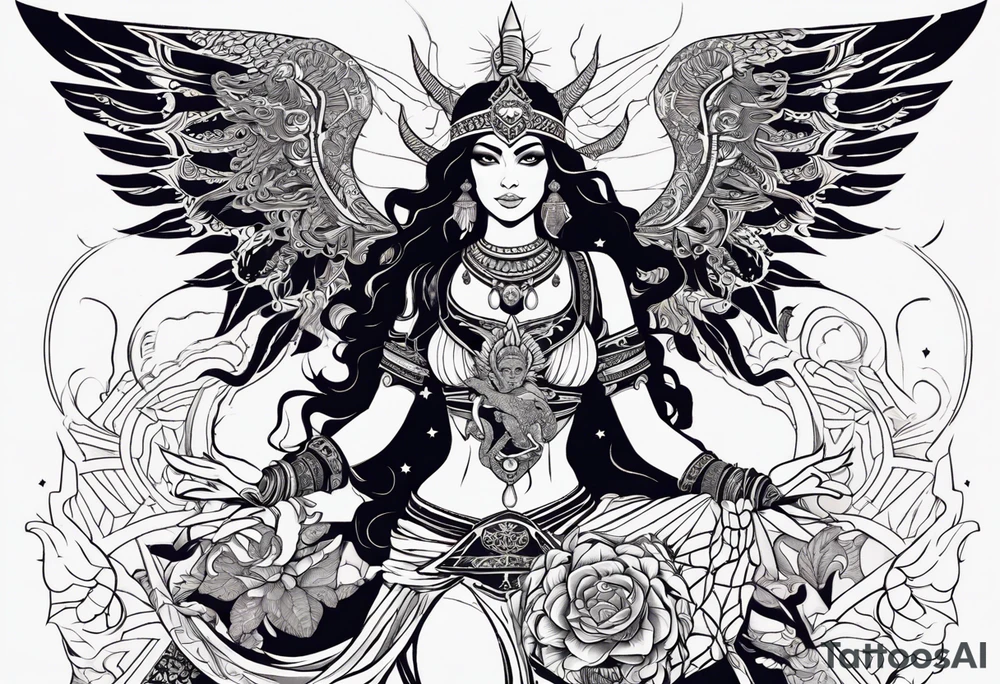 black kali, goddess pirate, alien, angel, pachamama, valkrye, warrior, flying, skull, lotus azul, wing, eagle, zenza resonance, stars, 5D, anahata chakra, death, durga, riding on a tiger, flying lady tattoo idea