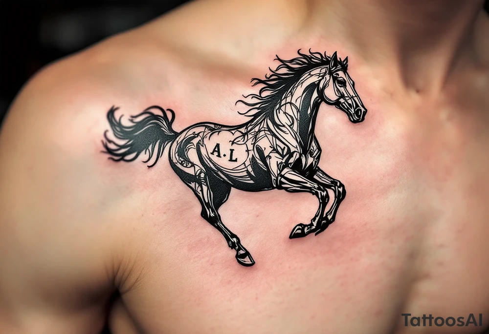 horse silhouette 
from the front which gallops from the front, with the 3 small letters discreetly integrated: M, A, L tattoo idea