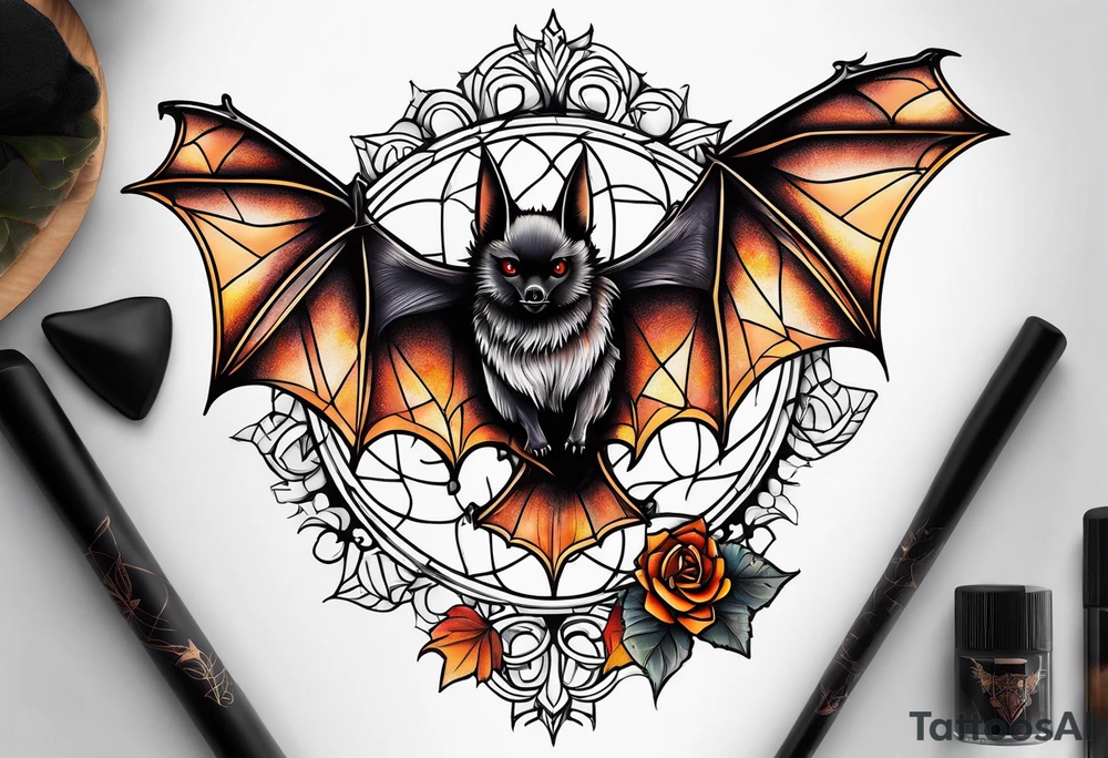 blackwork Bat Knee tattoo in fall colors with a rose tattoo idea