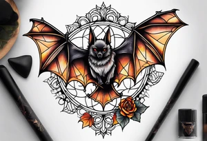blackwork Bat Knee tattoo in fall colors with a rose tattoo idea