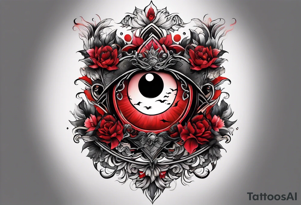 eclipse, vibrant colors (reds and blacks), dark fantasy tattoo idea