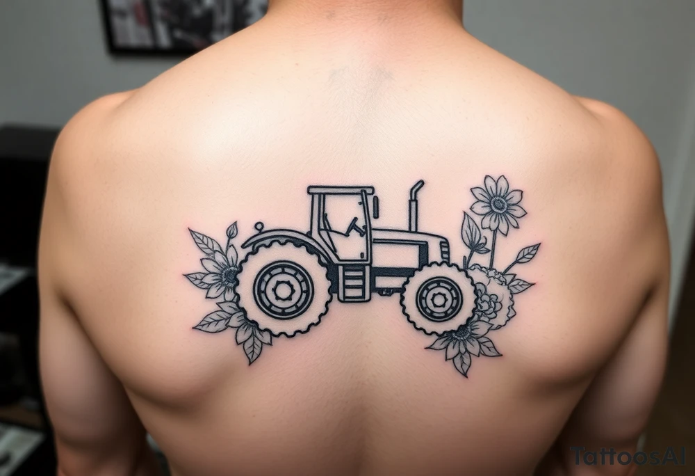 Tiny simple lined tractor tattoo surrounded with flowers tattoo idea